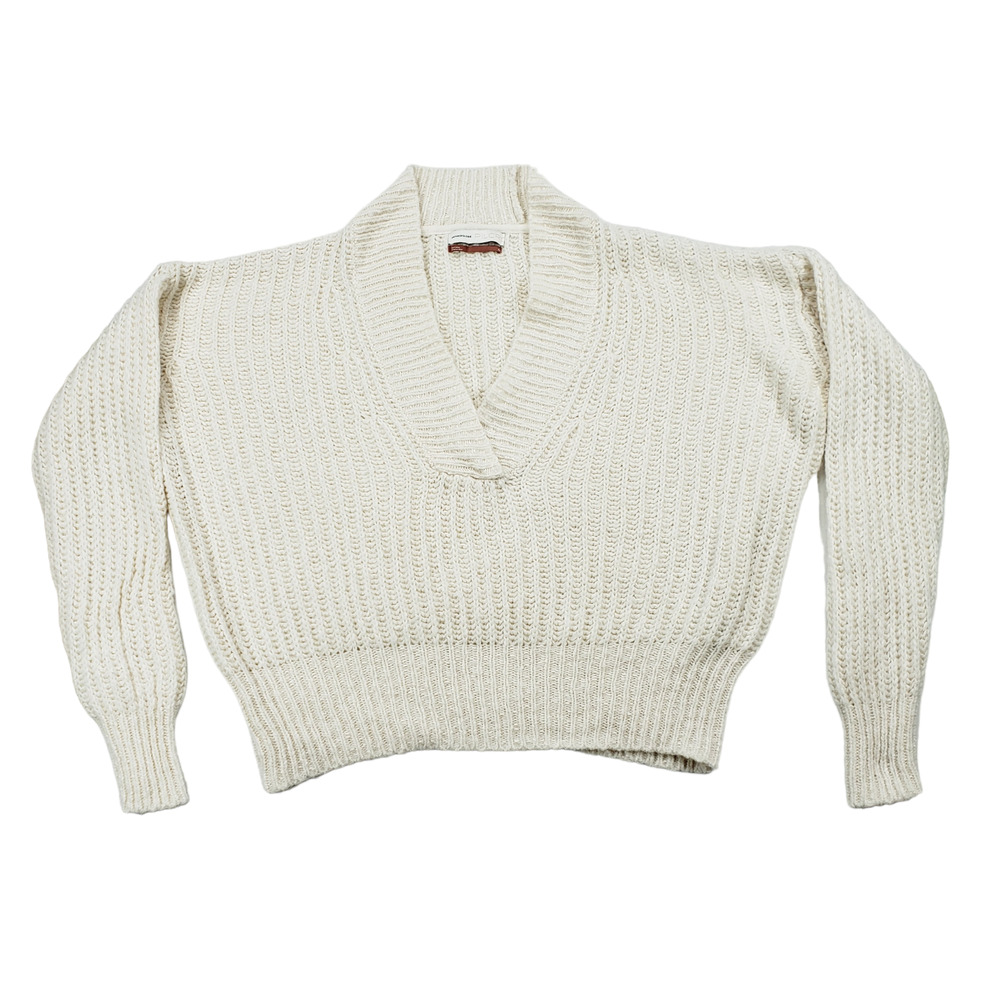 Anthropologie Pilcro Sweater XL Women Cream Pullover V Neck Wool Cotton Nylon